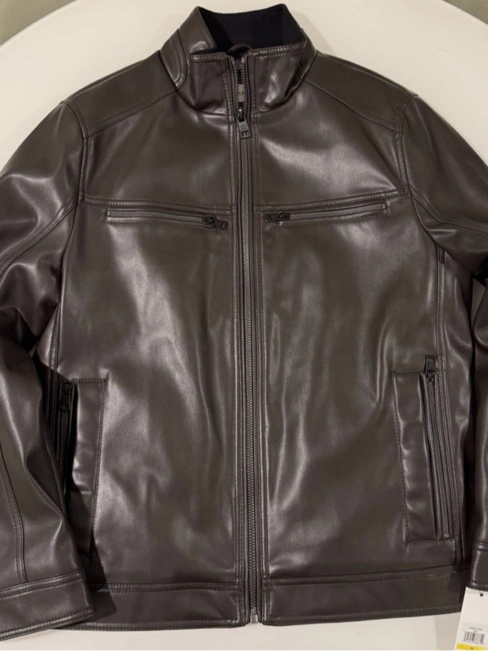 $225 Calvin Klein Men's Faux Leather Moto Jacket Brown Size Medium NEW CM091207